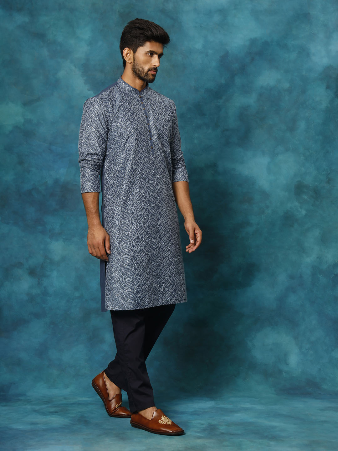 Men's Blue Rayon Cotton Kurta Pyjama Set