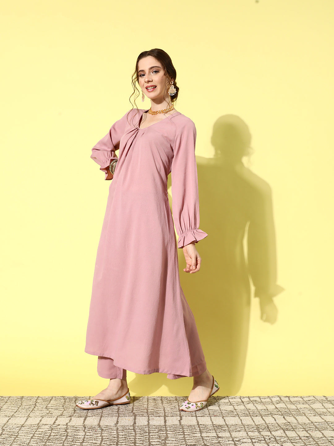 Kalini Women Mauve Colour, Bishop Sleeve A-Line Kurta Paired With Tonal Bottom