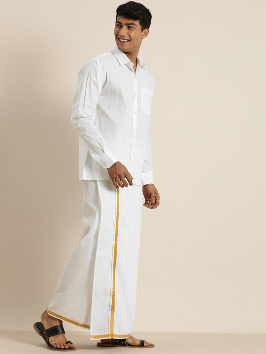 Men's White Cotton Ethnic Shirt And Mundu