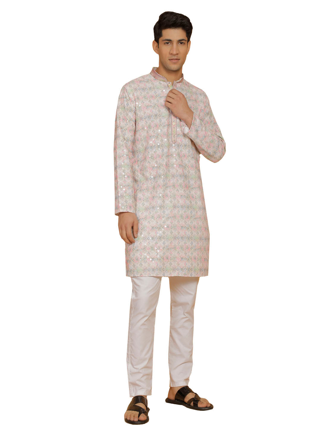 Men's Pink And White Cotton Blend Kurta And Pyjama Set