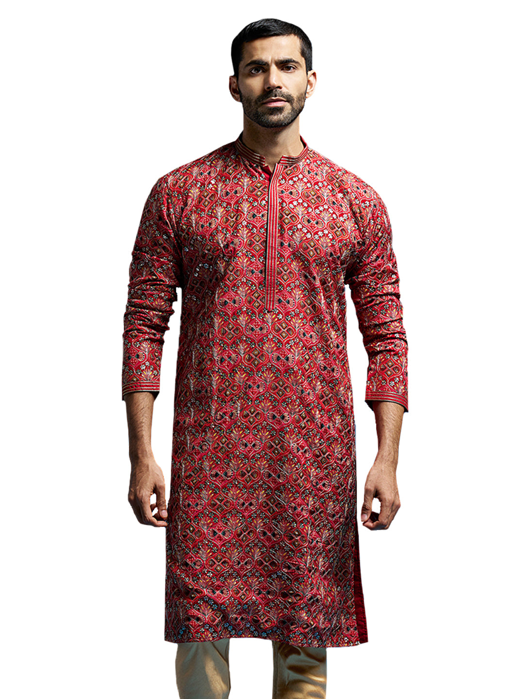 Men's Red Chinon Kurta