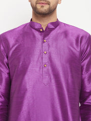 Men's Purple And Cream Silk Blend Kurta Pyjama Set