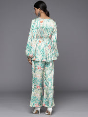 Women Teal Abstract Printed V-Neck Angrakha Style Top Paired With Tonal Printed Flared Bottom