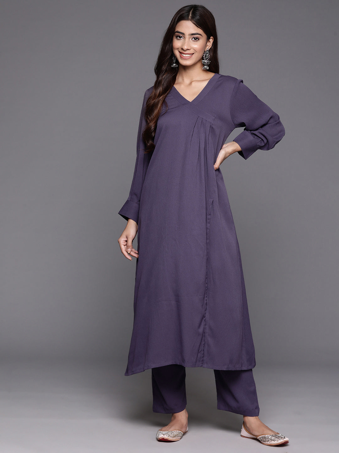 Women Violet Angrakha Style A-Line Kurta Paired Wth Tonal Bottom