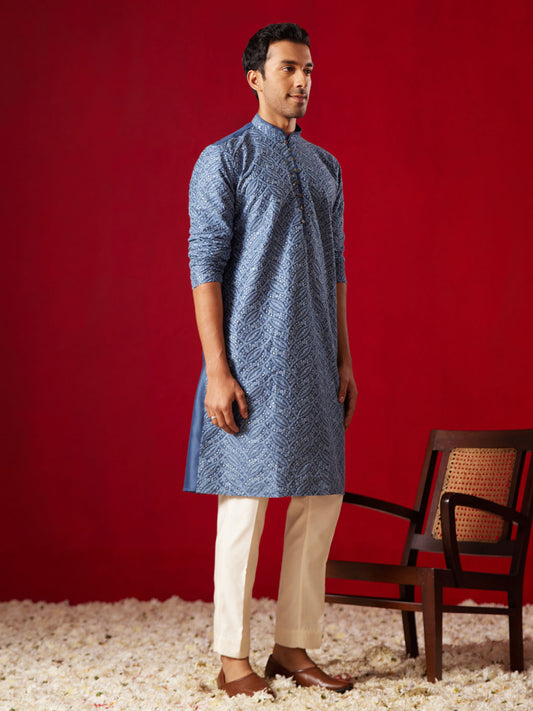 Men's Blue And Cream Rayon Cotton Kurta Pyjama Set