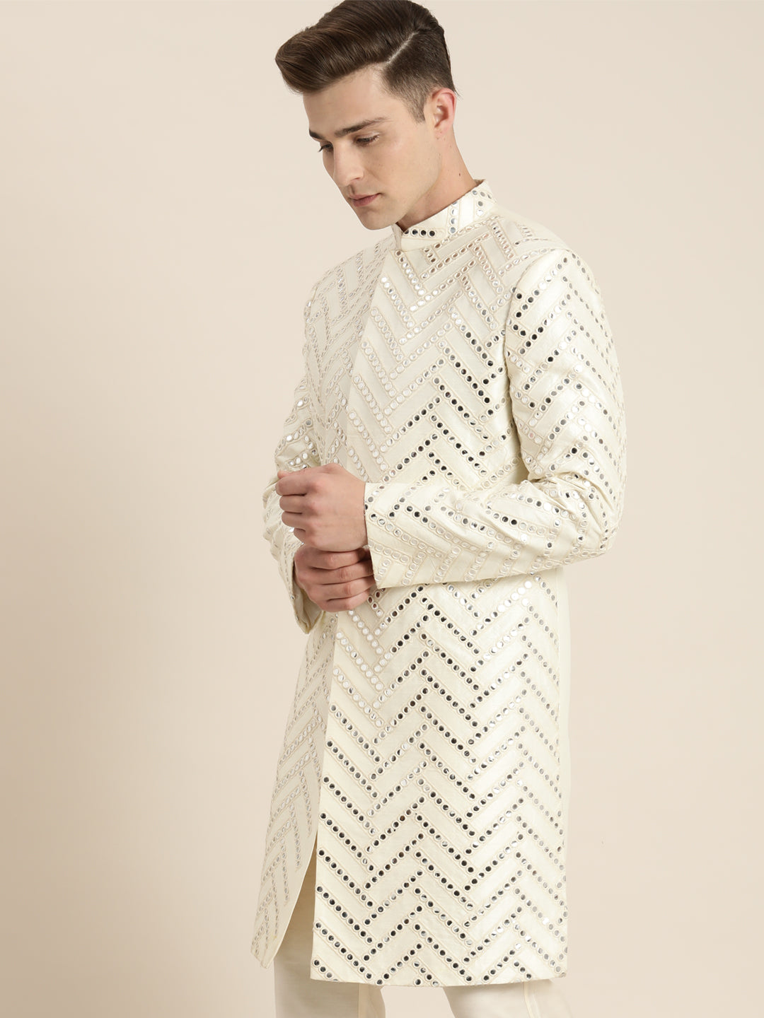 Men's Cream Silk Blend Sherwani Only Top