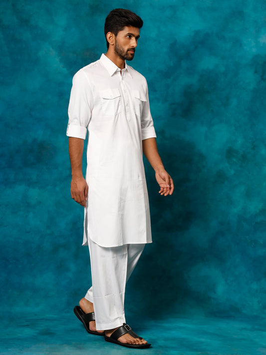 Men's White Cotton Blend Pathani Kurta Set