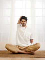 Men's White And Beige Cotton Kurta Pyjama Set