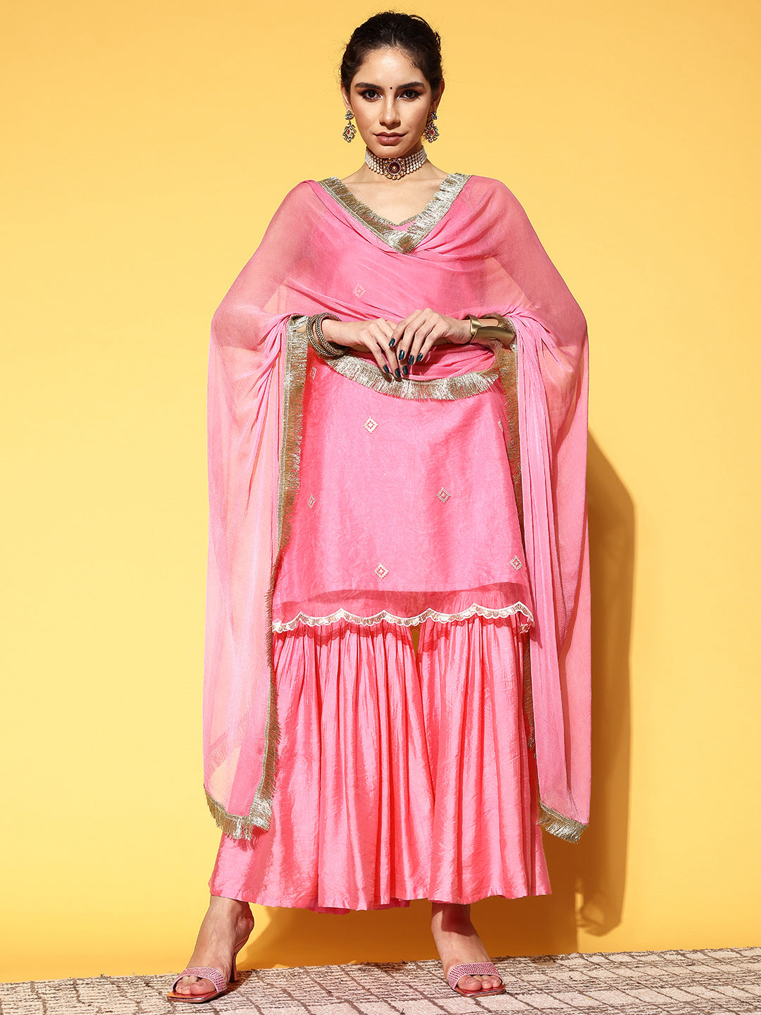 Embroidered Strap Style Kurta Paired With Tonal Sharara And Chiffon Dupatta