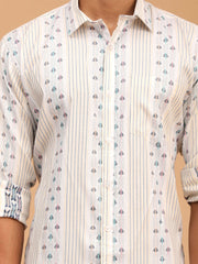 Men's Blue And White Cotton Ethnic Shirt