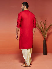 Men's Red Viscose Kurta And Dhoti Set