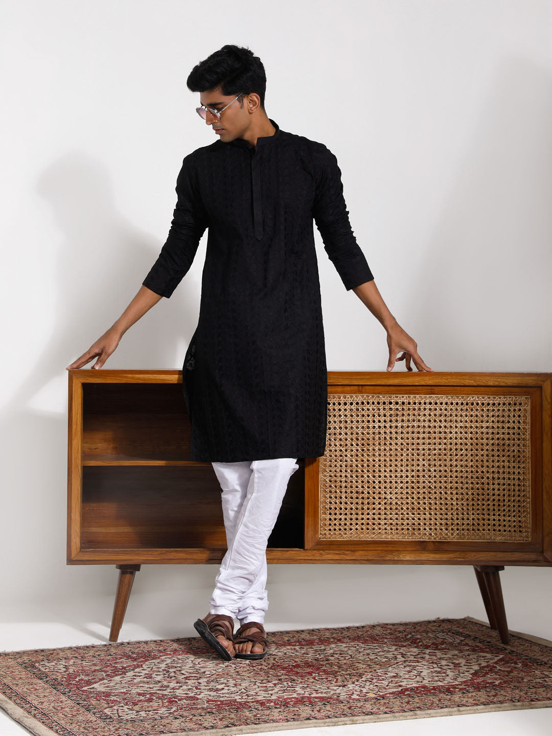 Men's Black And White Cotton Kurta Pyjama Set