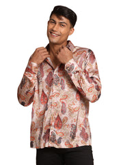 Men's Multicolored-Base-Brown Satin Ethnic Shirt