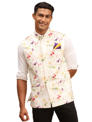 Men's Cream Floral Nehru Jacket