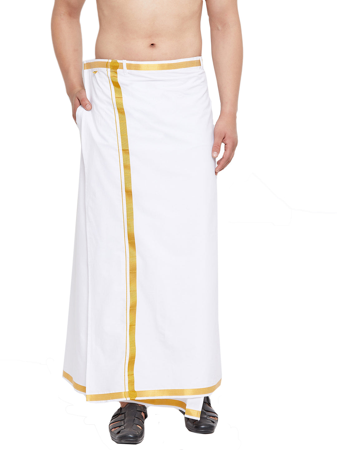 Men's White And Gold Dhoti/Mundu/Vesty