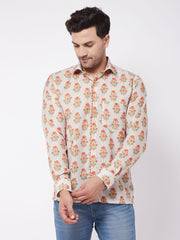 Men's Multicolor-Base-Beige Muslin Ethnic Shirt