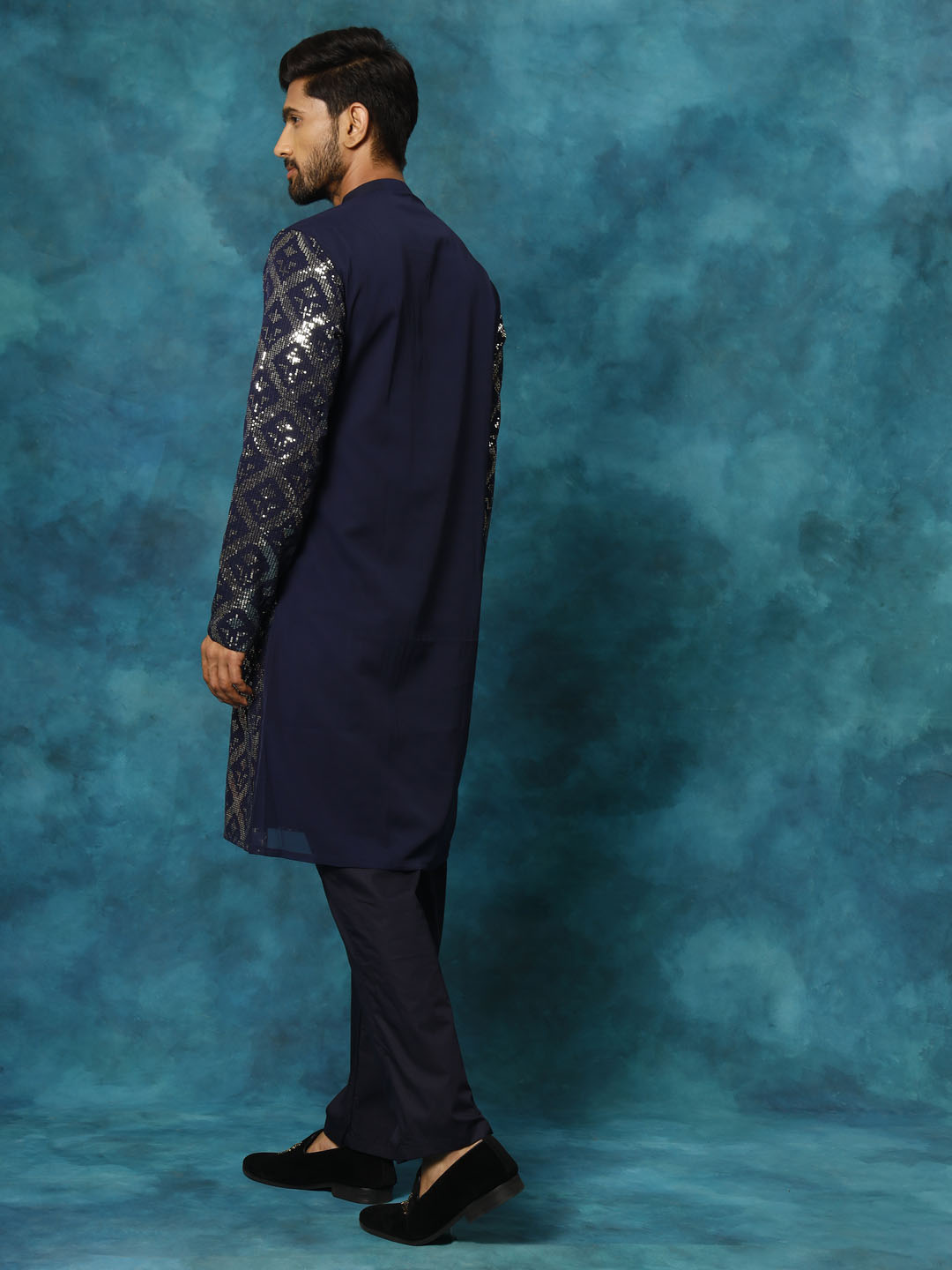 Men's Navy Blue Georgette Kurta Pyjama Set