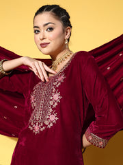 maroon embroidered kurta set with embroidered dupatta