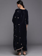 navy blue velvet embroidered kurta paired with embroidered trouser and dupatta