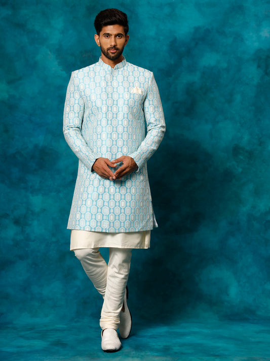 Men's Blue And Cream Viscose Sherwani Set