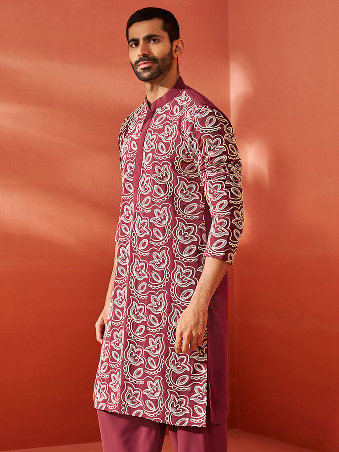 Men's Maroon Georgette Kurta