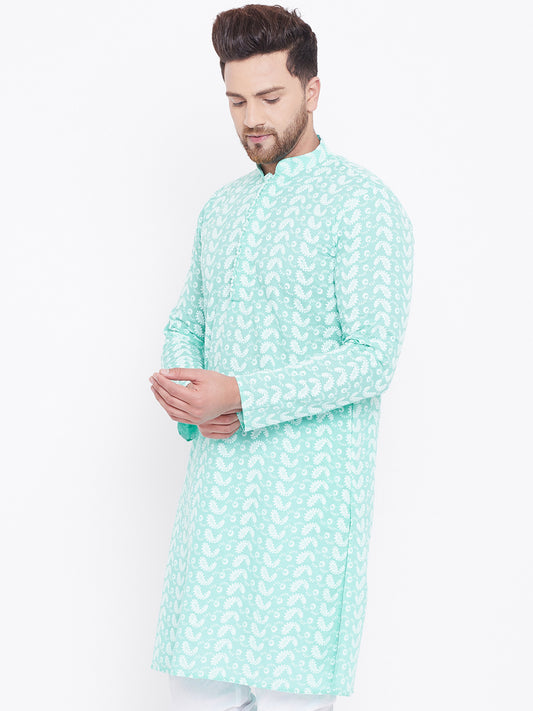 Men's Green and White Cotton Kurta