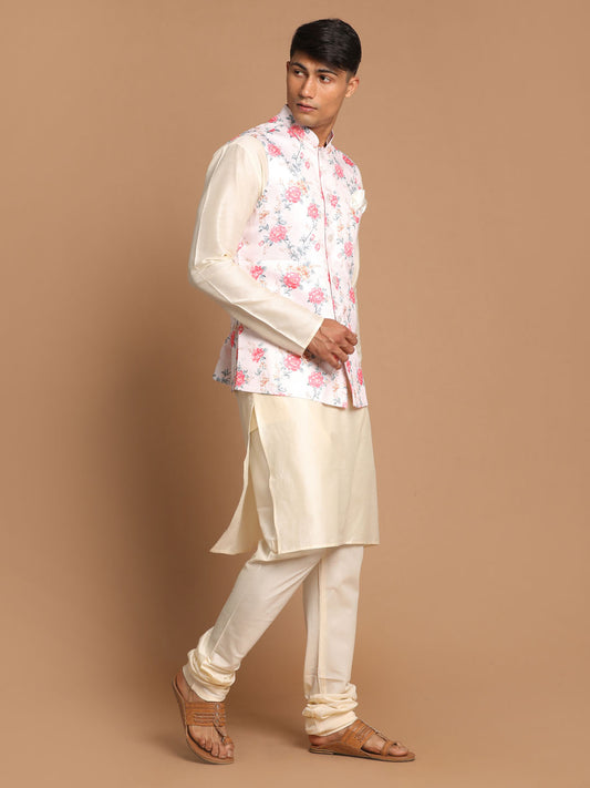 Men's Peach And Cream Viscose Jacket, Kurta and Pyjama Set