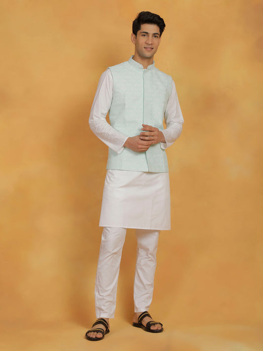 Men's White And Green Cotton Silk Jacket, Kurta and Pyjama Set