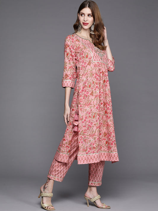 Women floral printed embroidered kurta with straight pant and chiffon dupatta