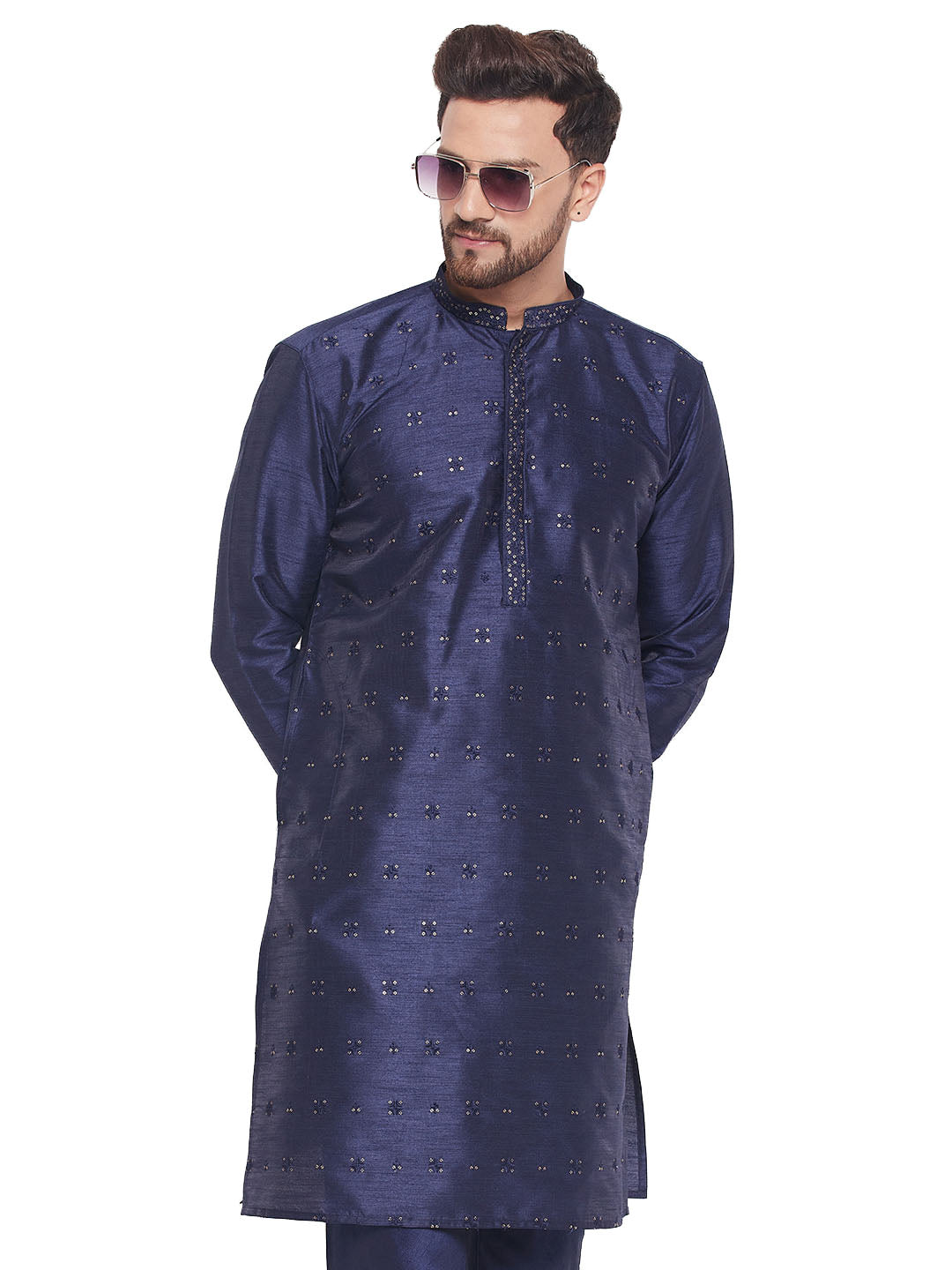 Men Navy Blue Silk Blend Kurta