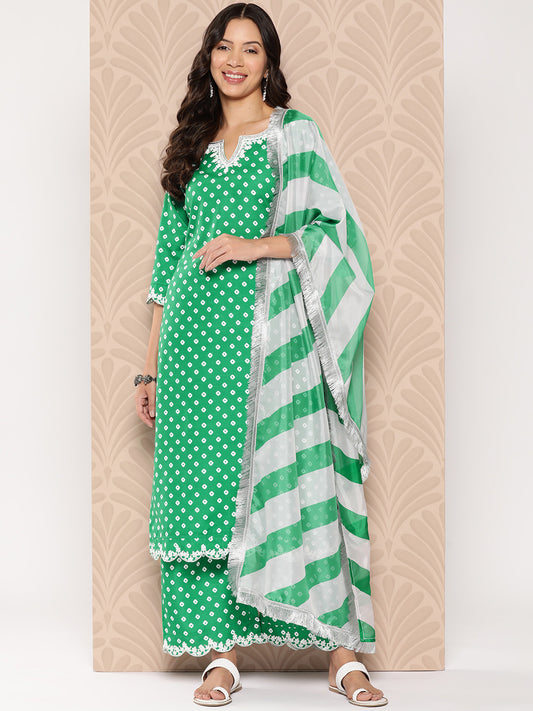 Kalini Women Green Bandhani Printed  Neck Embroidered Straight Kurta Paired With Tonal Bottom And Dupatta With Four Sided Scallop Edge