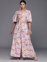 Women Grey Floral Printed Flared Sleeves, Front Open With Tie Up Details Crop Top Paired With Flared Bottom