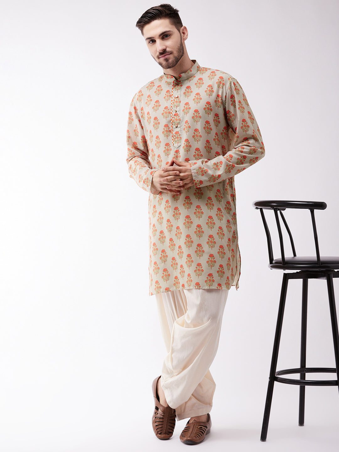 Men's Multicolor-Base-Cream Muslin Kurta