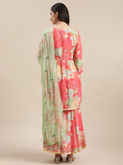 Coral And Sea Green Floral Printed Kurta Sharara Set With Sea Green Mirror Work Dupatta.