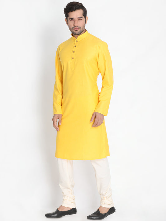 Men's Yellow Cotton Linen Blend Kurta Pyjama Set