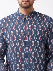 Men's Multicolor-Base-Grey Cotton Blend Ethnic Shirt