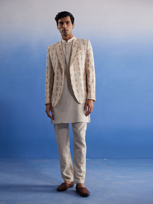 Men's Cream Cotton Jacket, Kurta and Pyjama Set