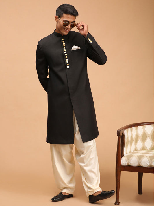 Men's Black And Cream Viscose Sherwani Set