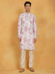 Men's Pink And Cream Cotton Blend Kurta And Pyjama Set