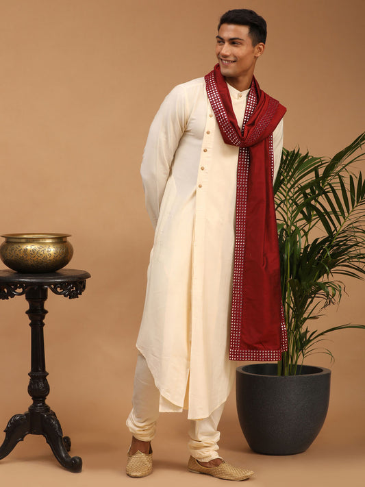 Men's Cream Viscose Blend Kurta Pyjama Set With Dupatta