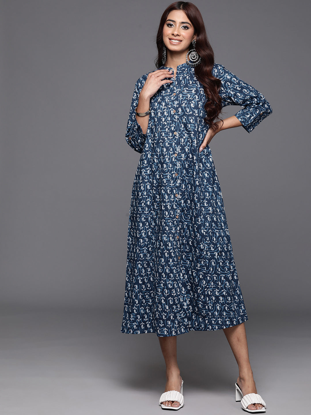 Varanga Women Blue Ethnic Motif Printed A-Line Dress