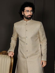 Men's Cream And Gold Silk Blend Sherwani Set