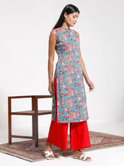 Women's Blue And Red Kurta Set