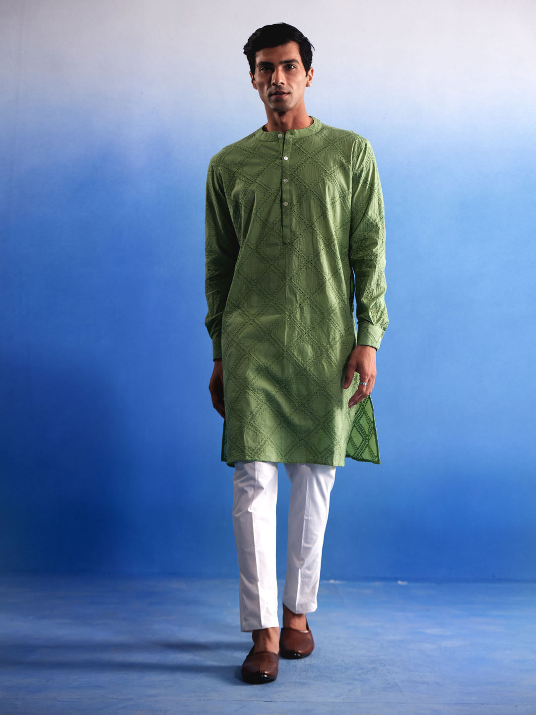 Men's Green Cotton Kurta Pyjama Set