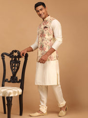 Men's Brown And Cream Viscose Jacket, Kurta and Pyjama Set