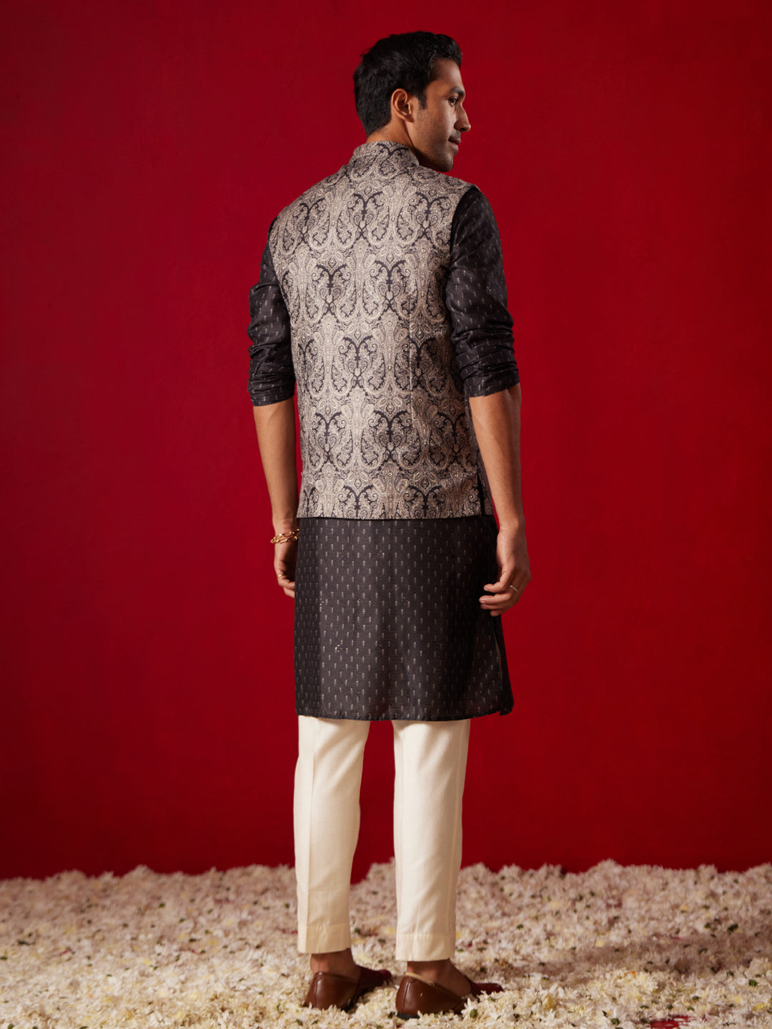 Men's Black Cotton Silk Jacket, Kurta and Pyjama Set