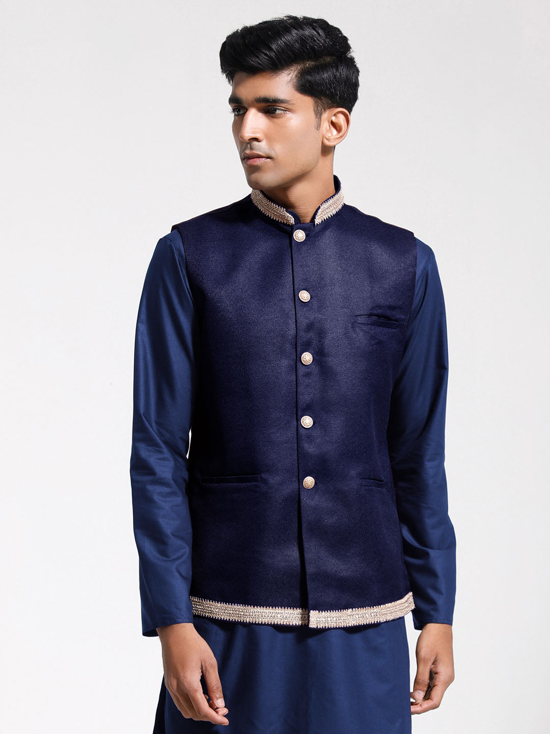 Men's Navy Blue Jute Nehru Jacket