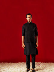 Men's Black Viscose Jacket, Kurta and Pyjama Set