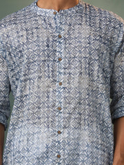 Men's Blue And White Cotton Kurta Pyjama Set