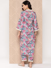 Kalini Women Blue Floral Printed V-Neck, Flared Sleeves Straight Kurta Paired With Tonal Printed Bottom